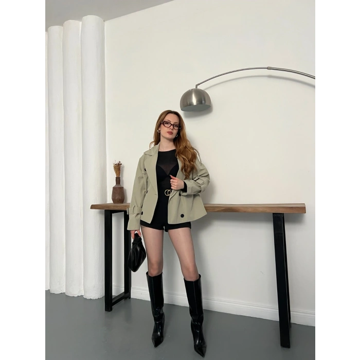 Omuz Kol Manşet Detaylı Cepli Trenç Ceket Haki