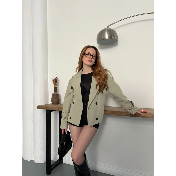 Omuz Kol Manşet Detaylı Cepli Trenç Ceket Haki