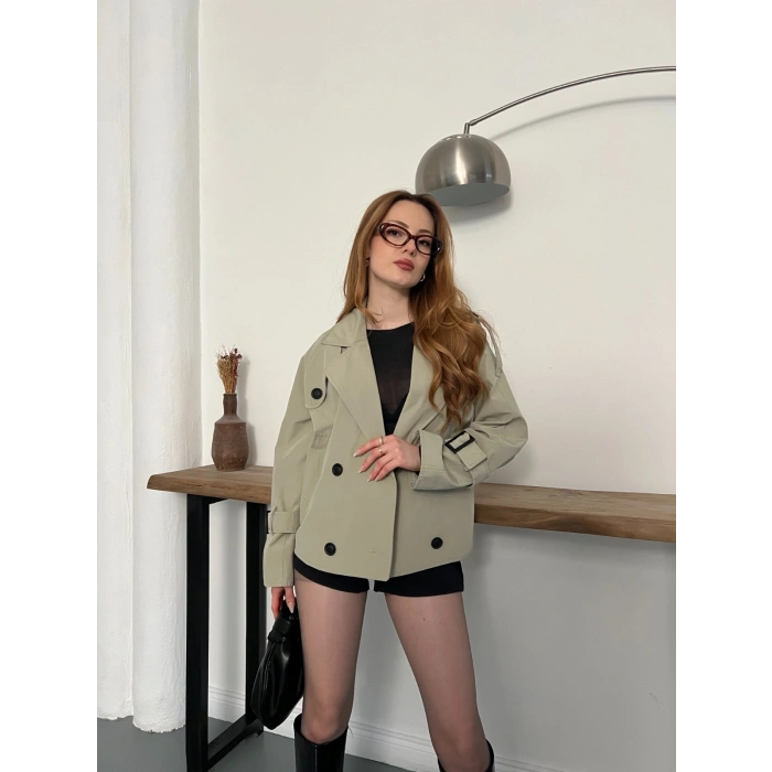 Omuz Kol Manşet Detaylı Cepli Trenç Ceket Haki