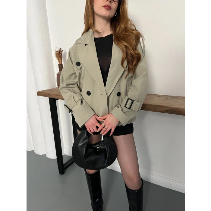 Omuz Kol Manşet Detaylı Cepli Trenç Ceket Haki