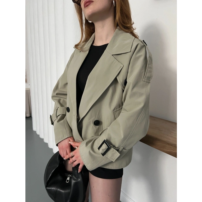 Omuz Kol Manşet Detaylı Cepli Trenç Ceket Haki