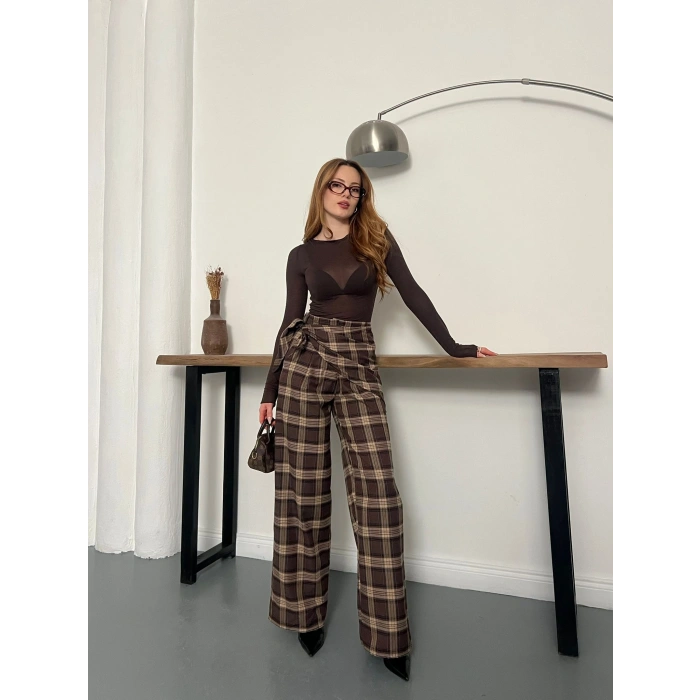 Ekose Yüksek Bel Fularlı Pantolon Kahve