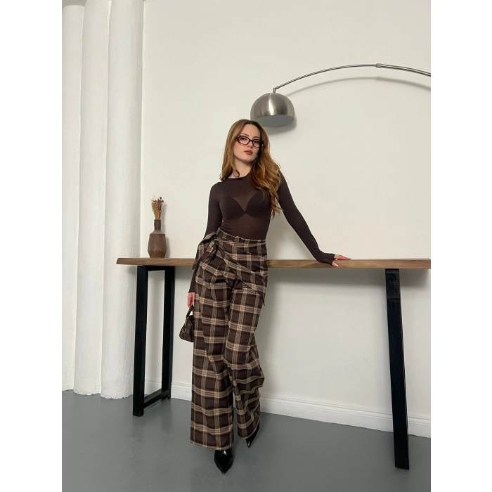 Ekose Yüksek Bel Fularlı Pantolon Kahve