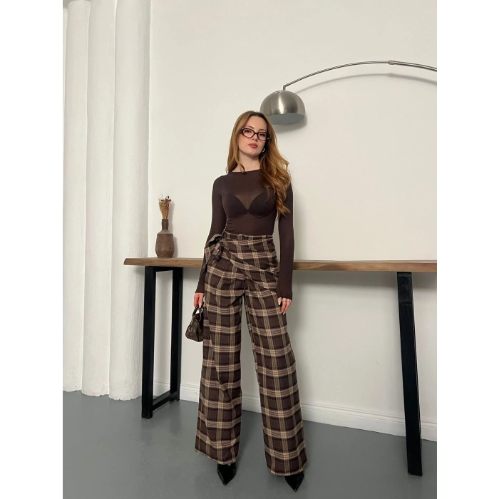 Ekose Yüksek Bel Fularlı Pantolon Kahve