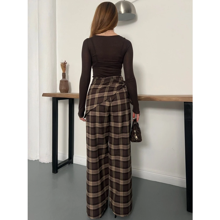 Ekose Yüksek Bel Fularlı Pantolon Kahve