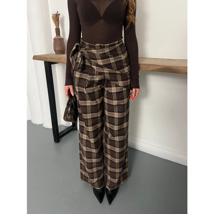 Ekose Yüksek Bel Fularlı Pantolon Kahve