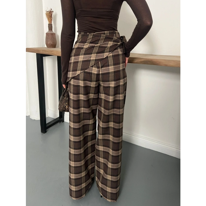 Ekose Yüksek Bel Fularlı Pantolon Kahve