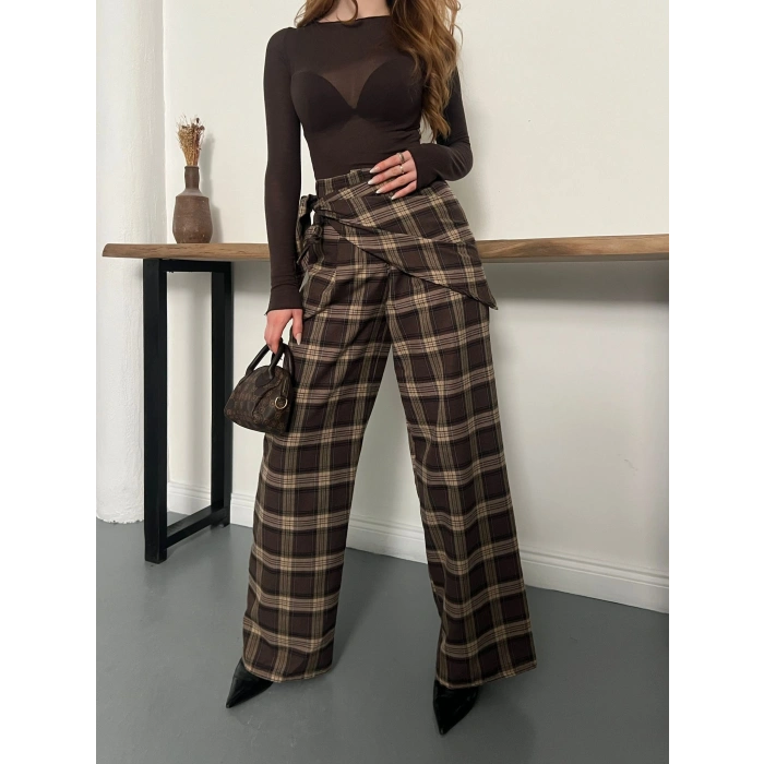 Ekose Yüksek Bel Fularlı Pantolon Kahve