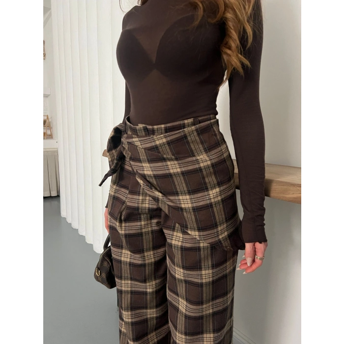 Ekose Yüksek Bel Fularlı Pantolon Kahve