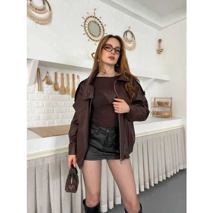 Yüksek Yaka Cepli Deri Ceket Acı Kahve