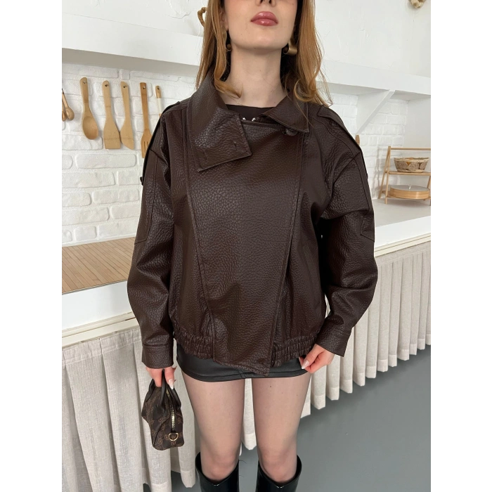 Yüksek Yaka Cepli Deri Ceket Acı Kahve