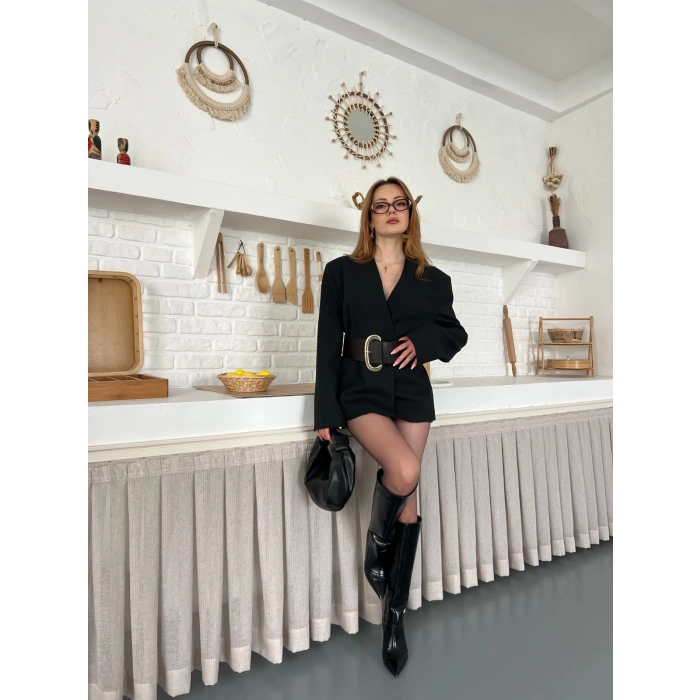 Kemer Detaylı Kruvaze Yaka Ceket Siyah