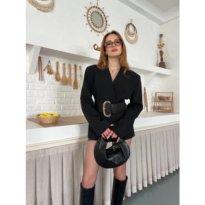Kemer Detaylı Kruvaze Yaka Ceket Siyah