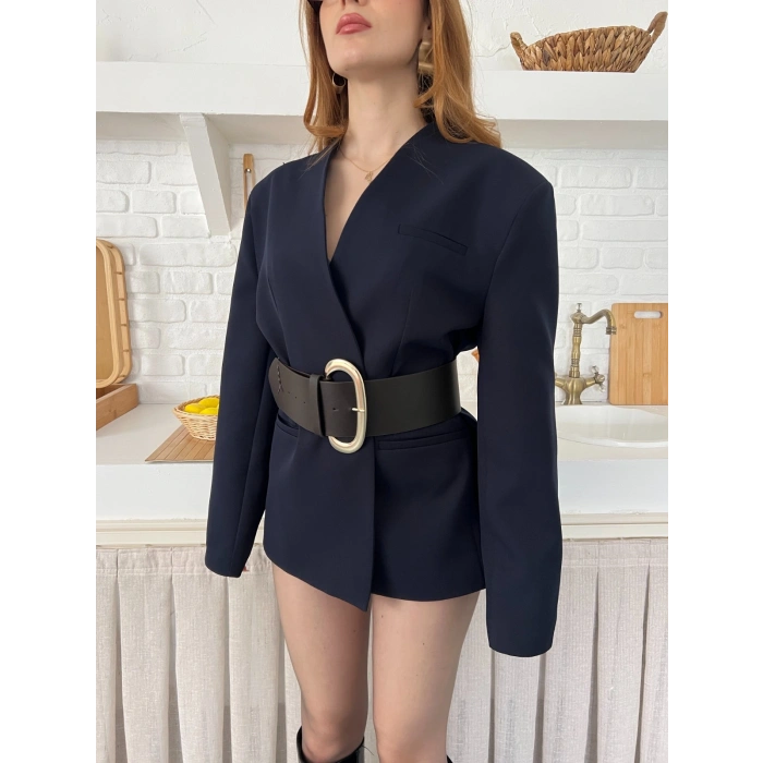 Kemer Detaylı Kruvaze Yaka Ceket Lacivert