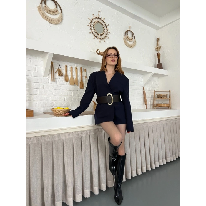 Kemer Detaylı Kruvaze Yaka Ceket Lacivert