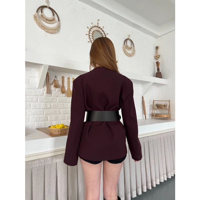 Kemer Detaylı Kruvaze Yaka Ceket Mürdüm
