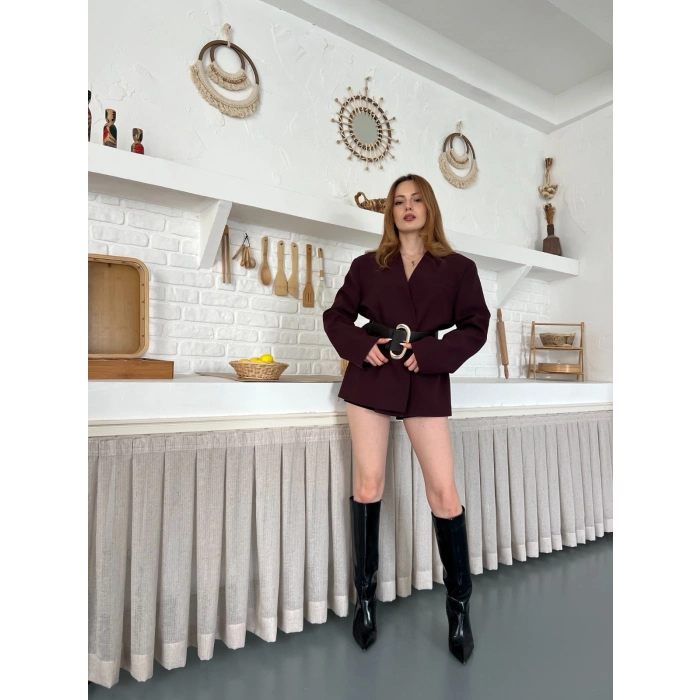 Kemer Detaylı Kruvaze Yaka Ceket Mürdüm