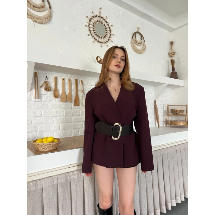 Kemer Detaylı Kruvaze Yaka Ceket Mürdüm