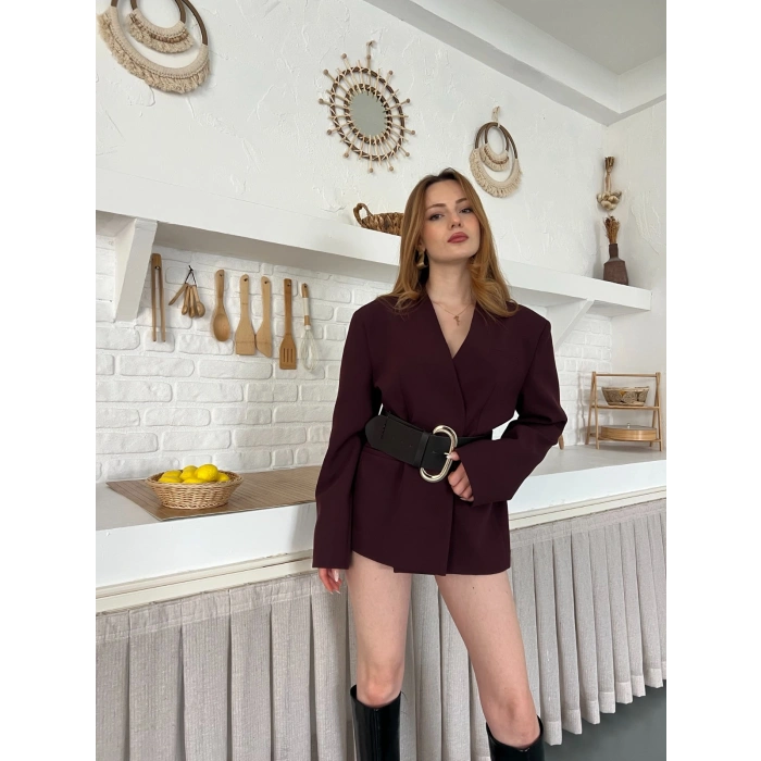 Kemer Detaylı Kruvaze Yaka Ceket Mürdüm