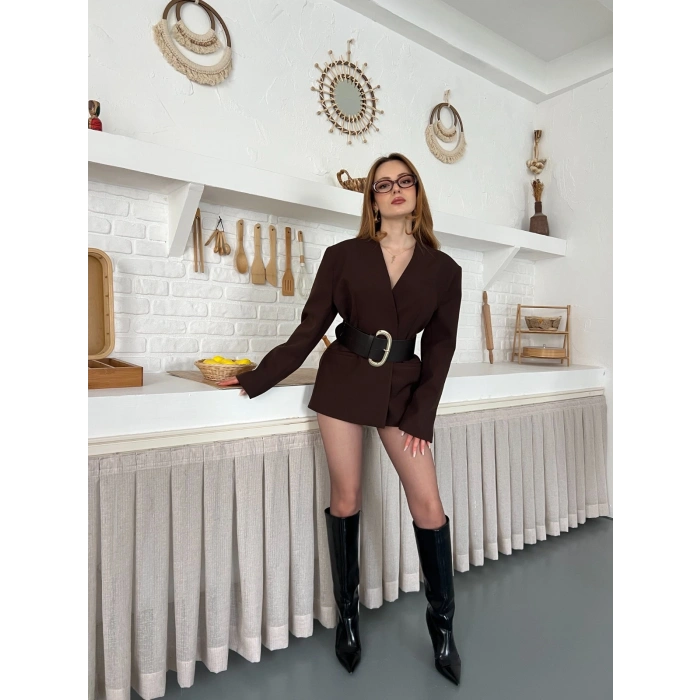 Kemer Detaylı Kruvaze Yaka Ceket Acı Kahve