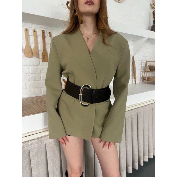 Kemer Detaylı Kruvaze Yaka Ceket Haki