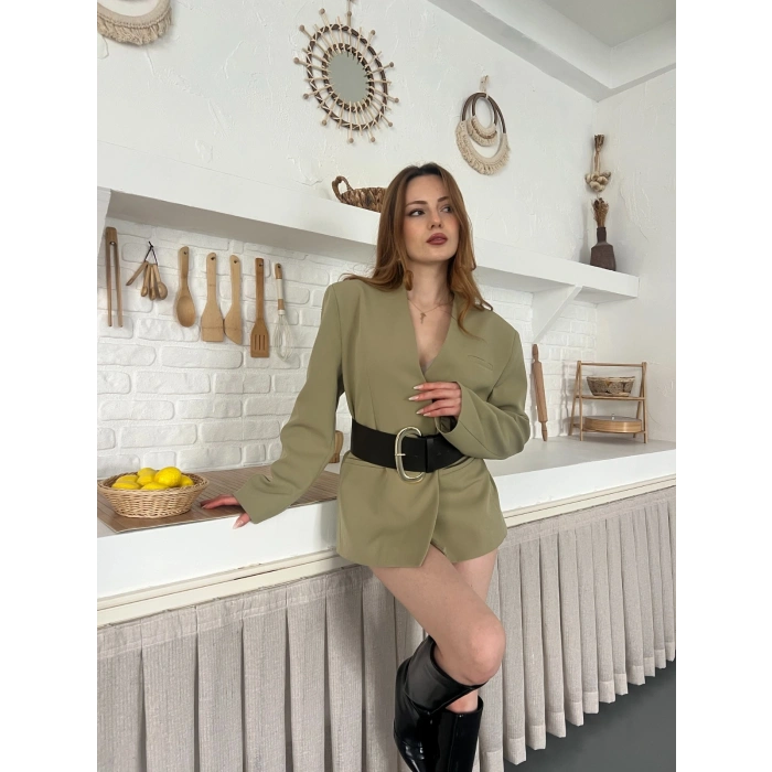 Kemer Detaylı Kruvaze Yaka Ceket Haki