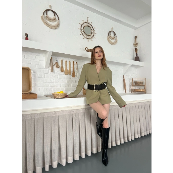 Kemer Detaylı Kruvaze Yaka Ceket Haki