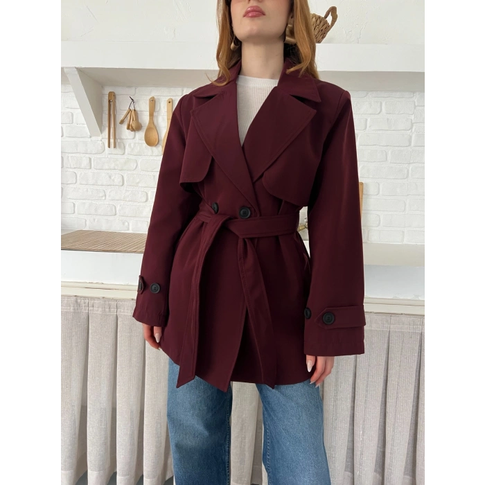 Kemer ve Manşet Detaylı Kısa Trençkot Bordo