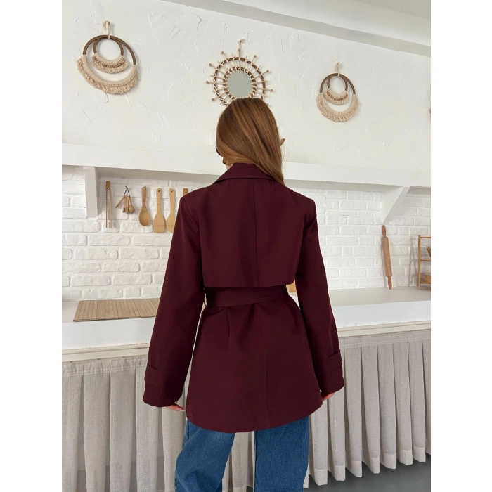 Kemer ve Manşet Detaylı Kısa Trençkot Bordo