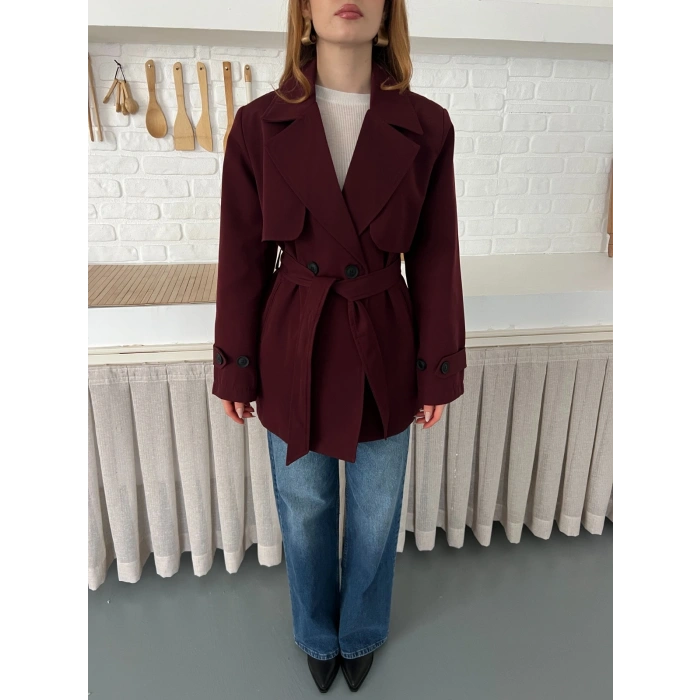 Kemer ve Manşet Detaylı Kısa Trençkot Bordo