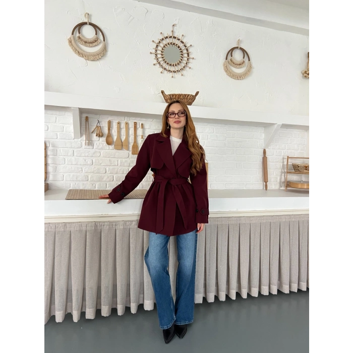 Kemer ve Manşet Detaylı Kısa Trençkot Bordo