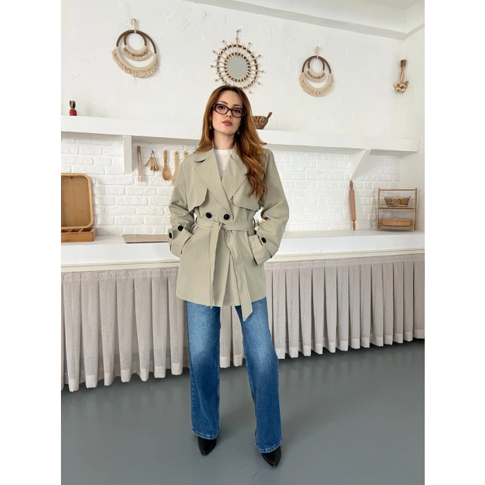 Kemer ve Manşet Detaylı Kısa Trençkot Haki