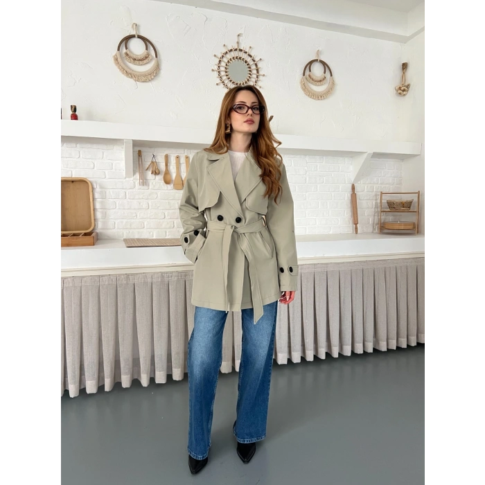 Kemer ve Manşet Detaylı Kısa Trençkot Haki