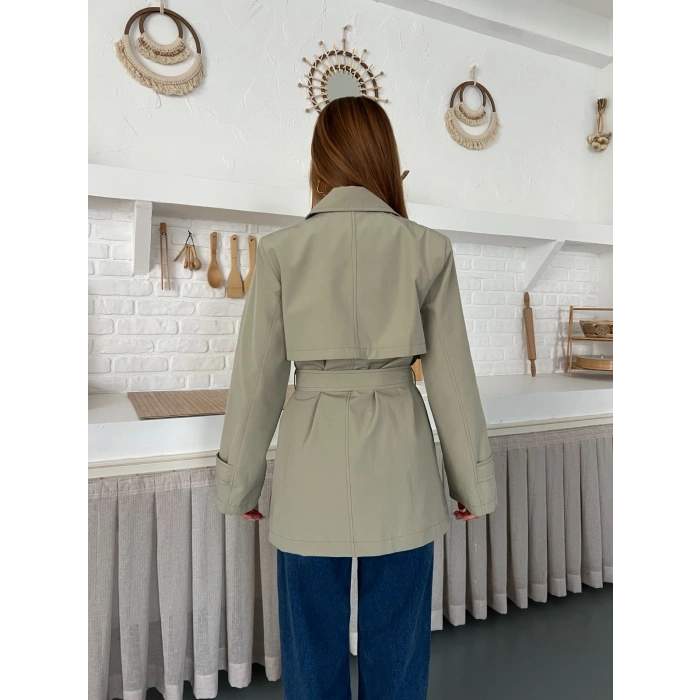 Kemer ve Manşet Detaylı Kısa Trençkot Haki