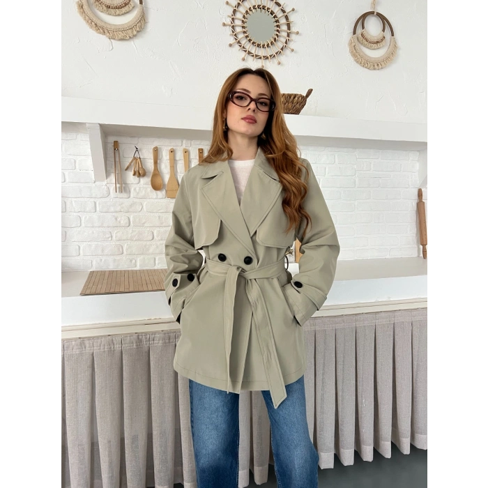 Kemer ve Manşet Detaylı Kısa Trençkot Haki