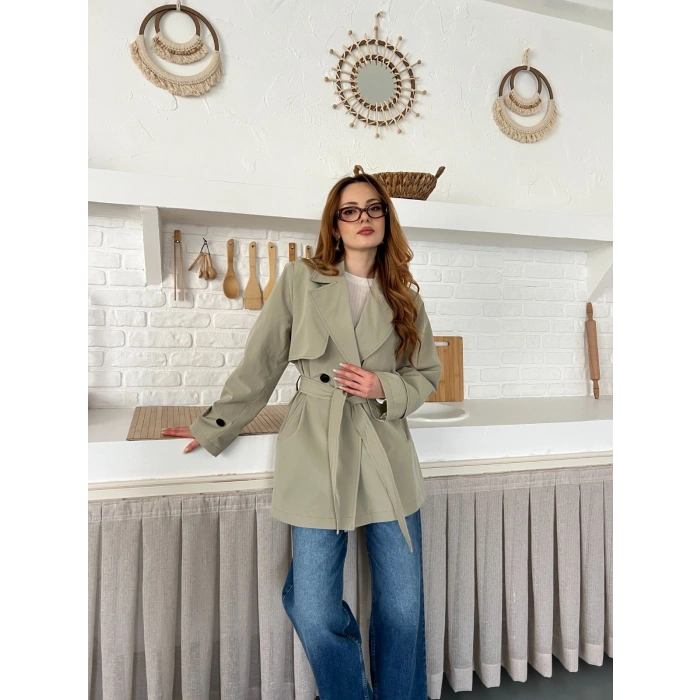 Kemer ve Manşet Detaylı Kısa Trençkot Haki