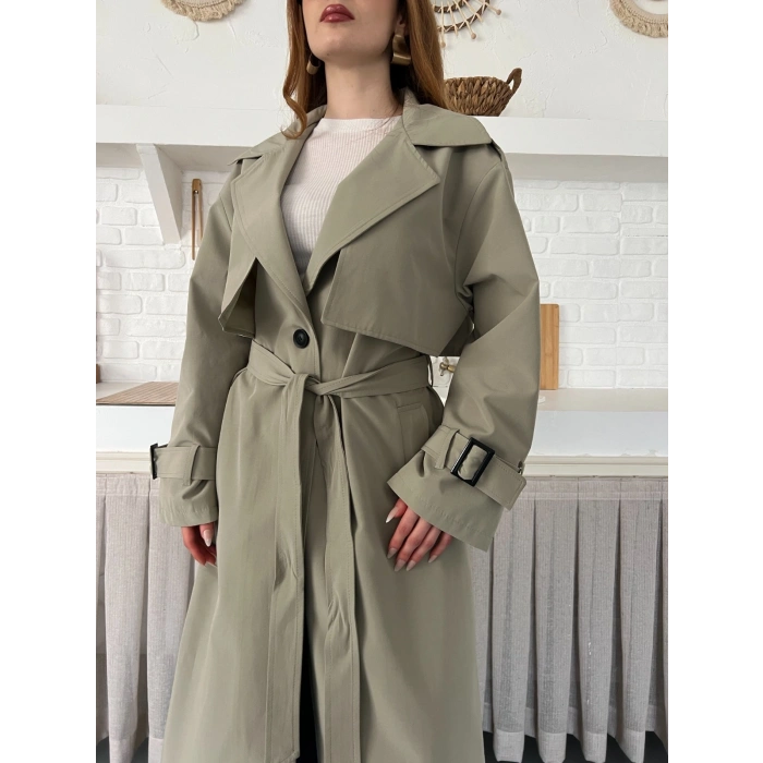 Kemer ve Manşet Detaylı Uzun Trençkot Haki