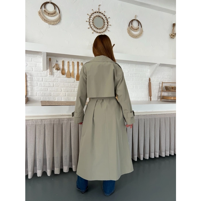 Kemer ve Manşet Detaylı Uzun Trençkot Haki