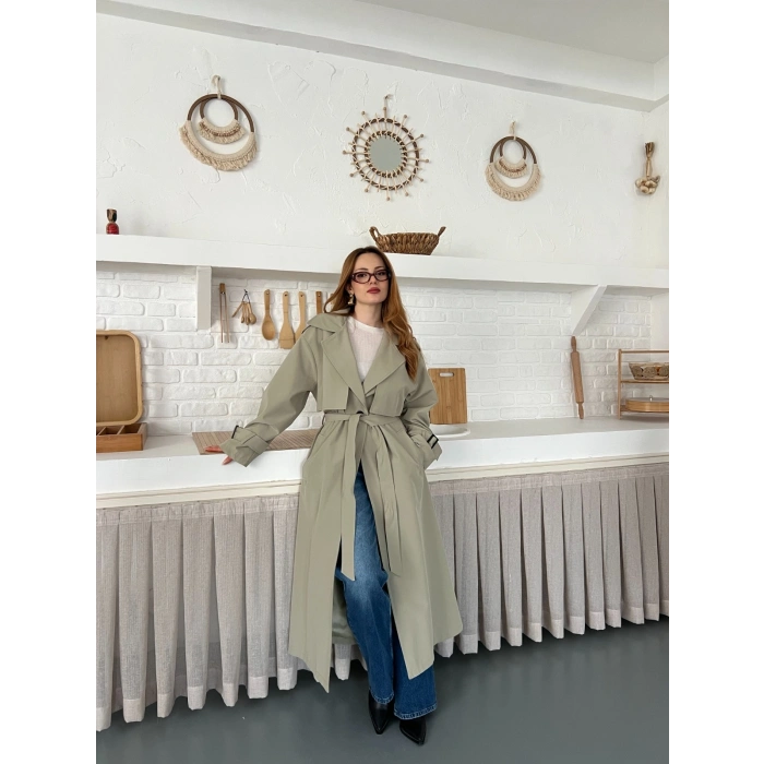 Kemer ve Manşet Detaylı Uzun Trençkot Haki