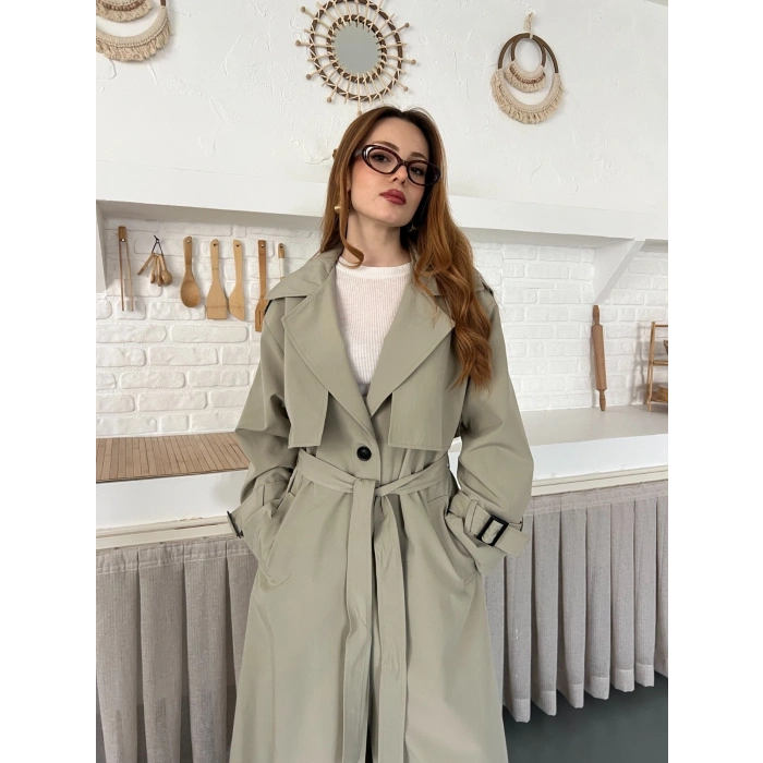 Kemer ve Manşet Detaylı Uzun Trençkot Haki
