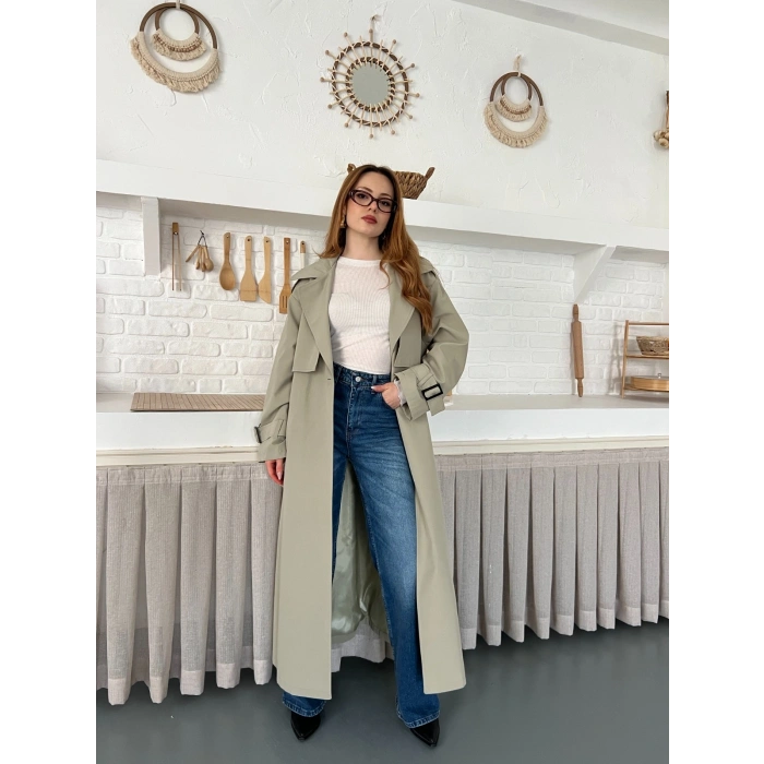 Kemer ve Manşet Detaylı Uzun Trençkot Haki