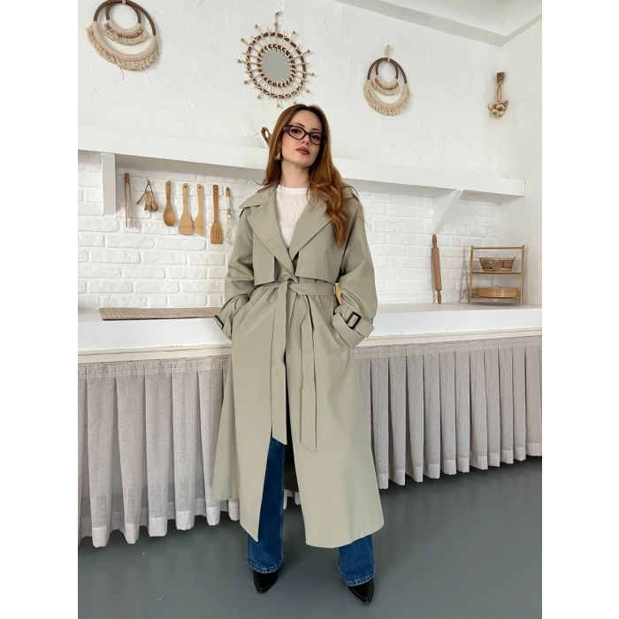 Kemer ve Manşet Detaylı Uzun Trençkot Haki