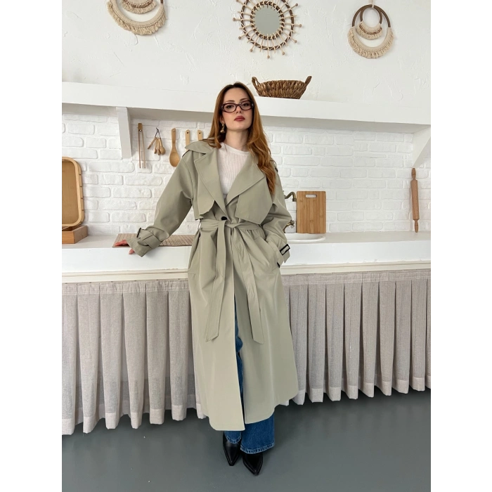 Kemer ve Manşet Detaylı Uzun Trençkot Haki
