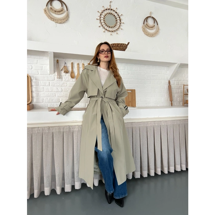 Kemer ve Manşet Detaylı Uzun Trençkot Haki