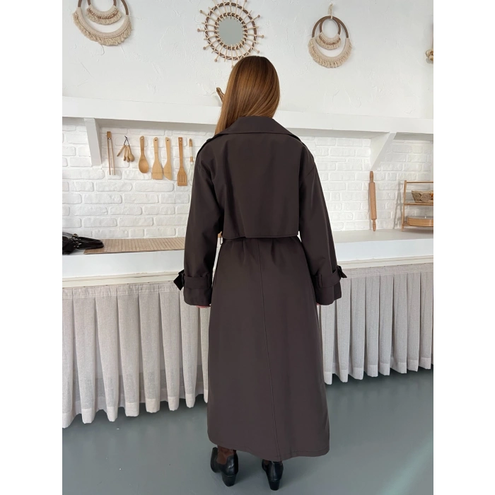 Kemer ve Manşet Detaylı Uzun Trençkot Kahve