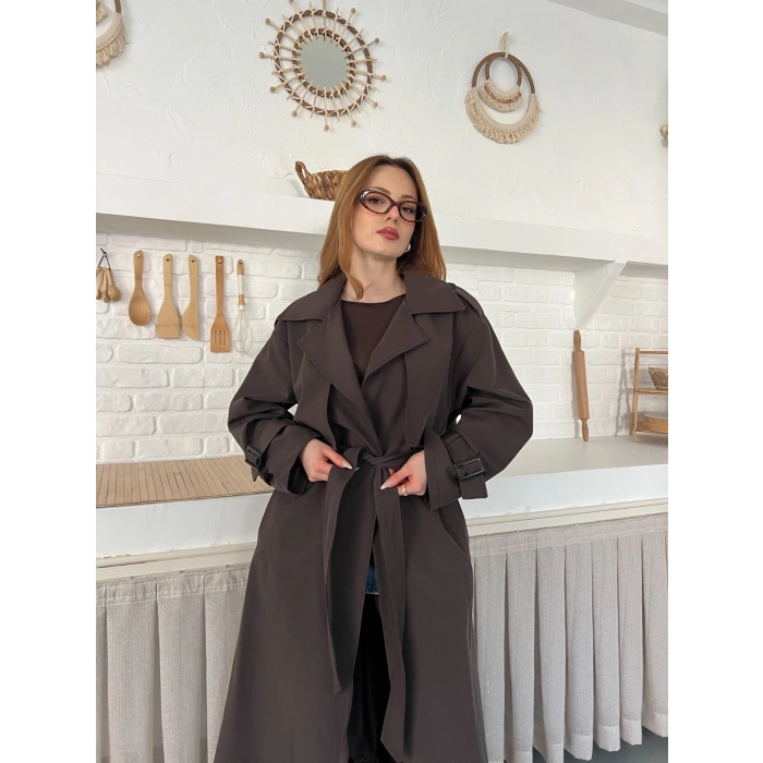Kemer ve Manşet Detaylı Uzun Trençkot Kahve
