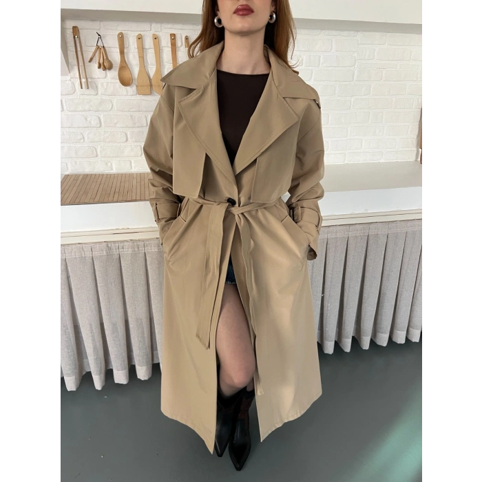 Kemer ve Manşet Detaylı Uzun Trençkot Camel