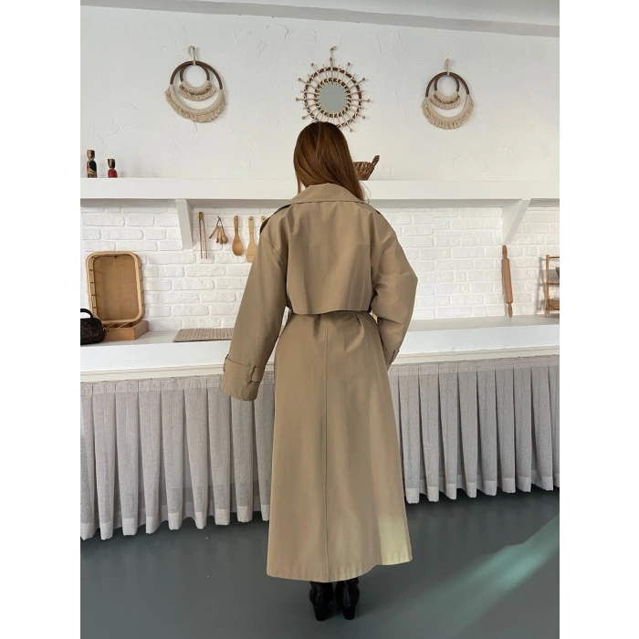 Kemer ve Manşet Detaylı Uzun Trençkot Camel