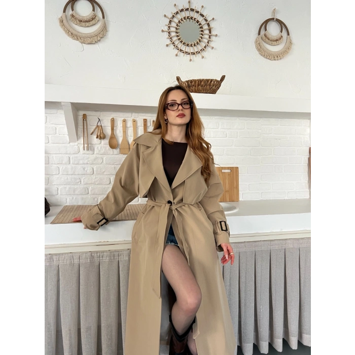 Kemer ve Manşet Detaylı Uzun Trençkot Camel