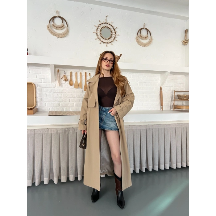 Kemer ve Manşet Detaylı Uzun Trençkot Camel